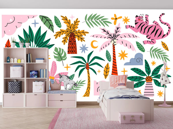 Exotic Tropical Wild Wallpaper, Cartoon Retro Style Mural, Oversized Custom Size Wall Art, Non-Woven, Non-Adhesive, Modern Wall Paper, Removable