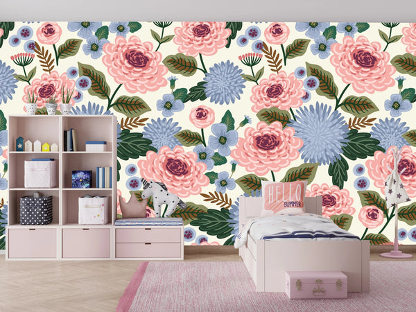 Pink and Blue Floral Wallpaper, Seamless Pattern Mural, Oversized Custom Size Wall Art, Non-Woven, Non-Adhesive, Modern Wall Paper, Removable