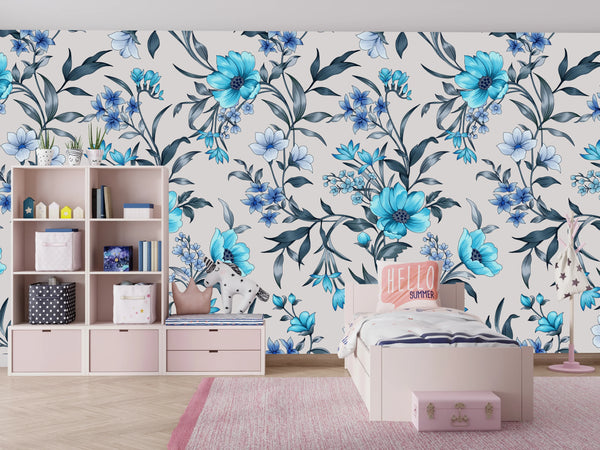 Blue Floral Wallpaper, Seamless Pattern Mural, Oversized Custom Size Wall Art, Non-Woven, Non-Adhesive, Modern Wall Paper, Removable