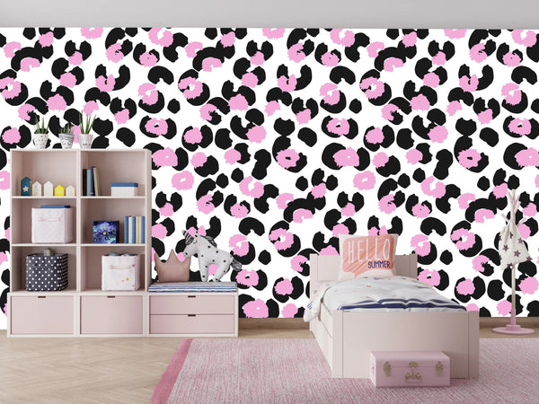 Pink and Black Leopard Wallpaper, Seamless Pattern Mural, Oversized Custom Size Wall Art, Non-Woven, Non-Adhesive, Modern Wall Paper, Removable