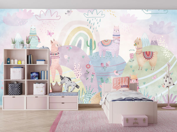 Colorful Wildlife Wallpaper, Clouds, Rainbow Mural, Oversized Custom Size Wall Art, Non-Woven, Non-Adhesive, Modern Wall Paper, Removable