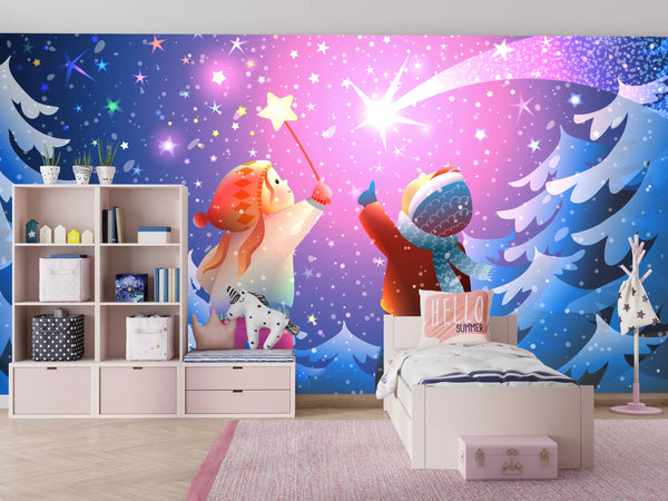 Magical Winter Forest Wallpaper, Children Mural, Oversized Custom Size Wall Art, Non-Woven, Non-Adhesive, Modern Wall Paper, Removable