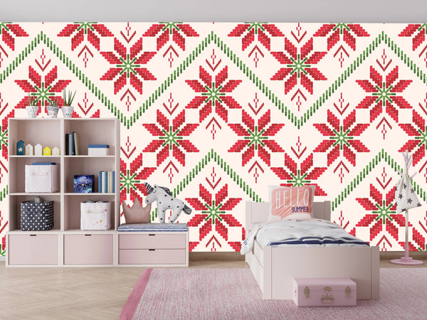 Christmas Ikat Wallpaper, Seamless Pattern Mural, Oversized Custom Size Wall Art, Non-Woven, Non-Adhesive, Modern Wall Paper, Removable