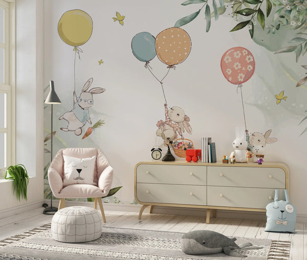 Bunnies Wallpaper, Fly Balloons Mural, Oversized Custom Size Wall Art, Non-Woven, Non-Adhesive, Modern Wall Paper, Removable