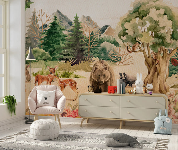 Forest Animals, Trees Wallpaper, Watercolor Mural, Oversized Custom Size Wall Art, Non-Woven, Non-Adhesive, Modern Wall Paper, Removable