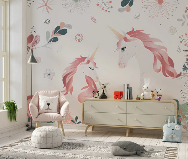 Cute Unicorns Wallpaper, Floral Mural, Oversized Custom Size Wall Art, Non-Woven, Non-Adhesive, Modern Wall Paper, Removable