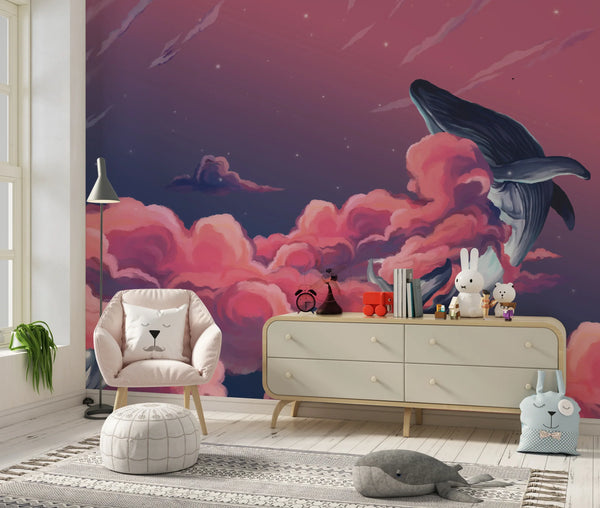 Whales in the Sky Wallpaper, Pink Clouds Mural, Oversized Custom Size Wall Art, Non-Woven, Non-Adhesive, Modern Wall Paper, Removable