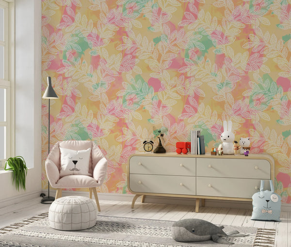 White Leaf Branches Wallpaper, Colorful Background Mural, Oversized Custom Size Wall Art, Non-Woven, Non-Adhesive, Modern Wall Paper, Removable