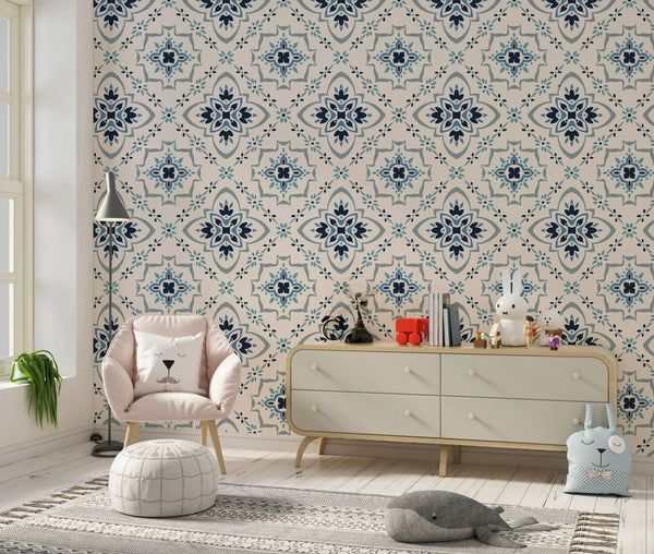 Talavera Wallpaper, Seamless Pattern Mural, Oversized Custom Size Wall Art, Non-Woven, Non-Adhesive, Modern Wall Paper, Removable