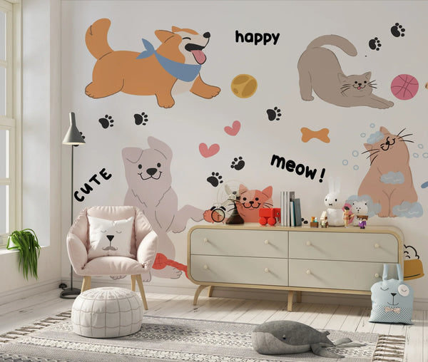 Cute Pet Doodle Wallpaper, Cats and Dogs Mural, Oversized Custom Size Wall Art, Non-Woven, Non-Adhesive, Modern Wall Paper, Removable