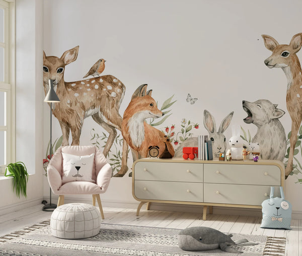Watercolor Animals Wallpaper, White Background Mural, Oversized Custom Size Wall Art, Non-Woven, Non-Adhesive, Modern Wall Paper, Removable