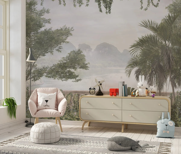 Foggy Forest Wallpaper, Tropical Leaves, Trees Mural, Oversized Custom Size Wall Art, Non-Woven, Non-Adhesive, Modern Wall Paper, Removable