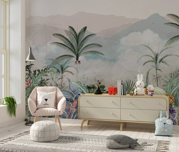 Misty Forest Wallpaper, Tropical Mural, Oversized Custom Size Wall Art, Non-Woven, Non-Adhesive, Modern Wall Paper, Removable