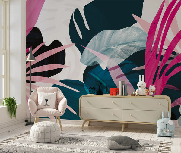 Abstract Art Tropical Leaves Wallpaper, Exotic Mural, Oversized Custom Size Wall Art, Non-Woven, Non-Adhesive, Modern Wall Paper, Removable