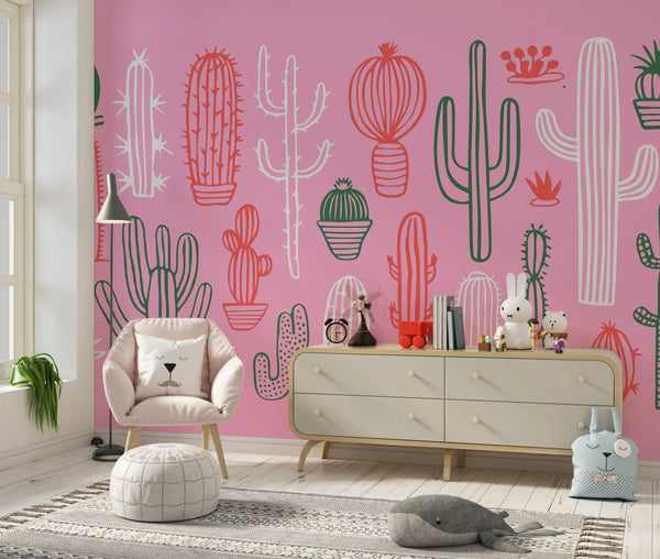 Hand Drawn Cactus Wallpaper, Pink Background Mural, Oversized Custom Size Wall Art, Non-Woven, Non-Adhesive, Modern Wall Paper, Removable