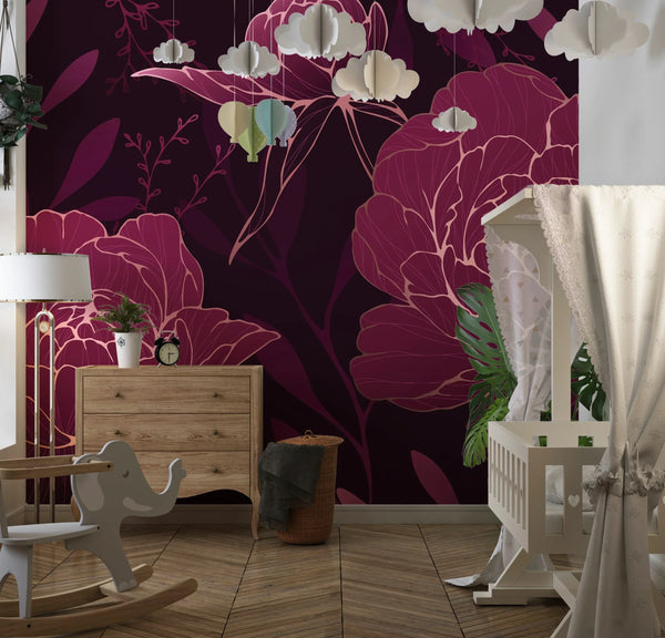 Burgundy Peonies Wallpaper, Luxury Mural, Oversized Custom Size Wall Art, Non-Woven, Non-Adhesive, Modern Wall Paper, Removable