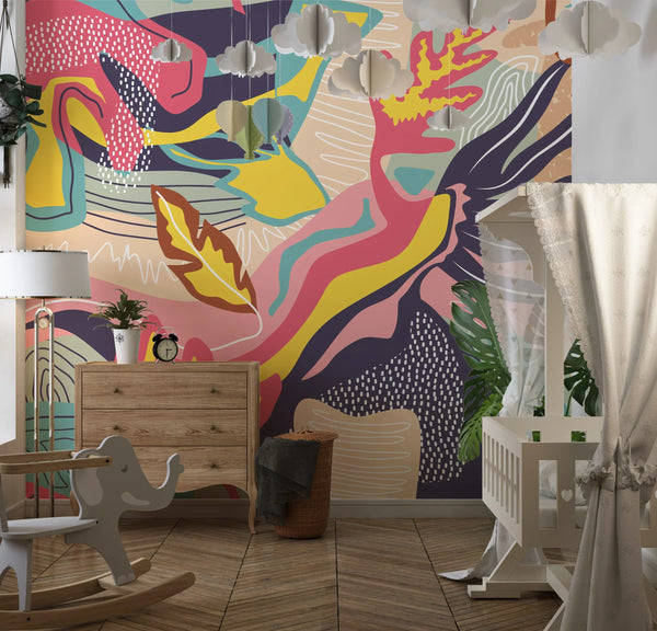 Tropical Floral Wallpaper, Abstract Mural, Oversized Custom Size Wall Art, Non-Woven, Non-Adhesive, Modern Wall Paper, Removable