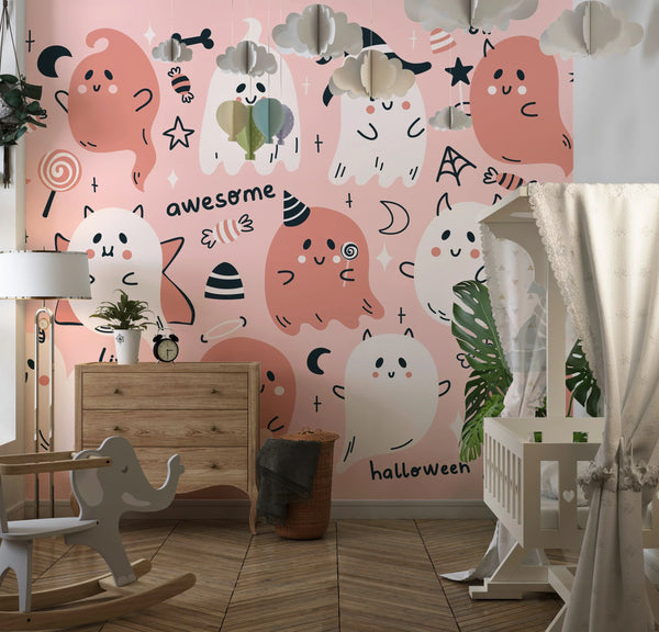Cute Halloween Wallpaper, Seamless Pattern Mural, Oversized Custom Size Wall Art, Non-Woven, Non-Adhesive, Modern Wall Paper, Removable