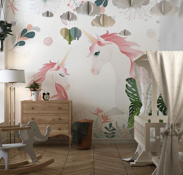 Cute Unicorns Wallpaper, Floral Mural, Oversized Custom Size Wall Art, Non-Woven, Non-Adhesive, Modern Wall Paper, Removable