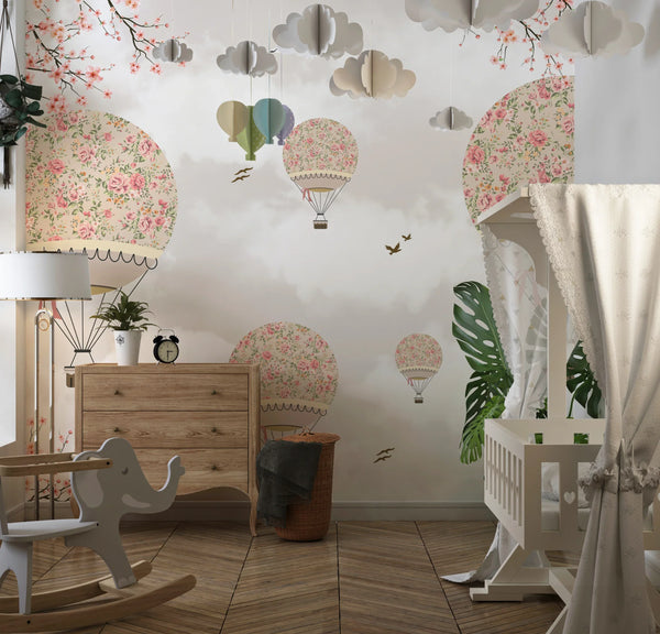 Kids Balloons Wallpaper, Tree Branches Mural, Oversized Custom Size Wall Art, Non-Woven, Non-Adhesive, Modern Wall Paper, Removable