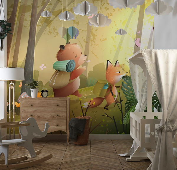 Cute Wild Forest Wallpaper, Animals Mural, Oversized Custom Size Wall Art, Non-Woven, Non-Adhesive, Modern Wall Paper, Removable