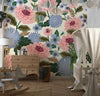 Pink and Blue Floral Wallpaper, Seamless Pattern Mural, Oversized Custom Size Wall Art, Non-Woven, Non-Adhesive, Modern Wall Paper, Removable