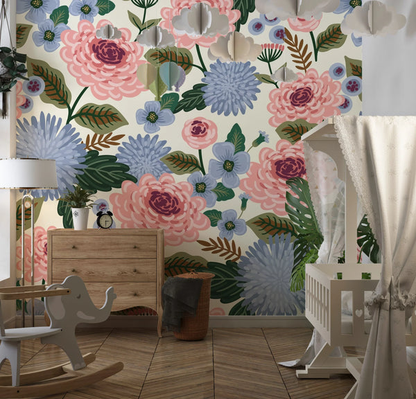 Pink and Blue Floral Wallpaper, Seamless Pattern Mural, Oversized Custom Size Wall Art, Non-Woven, Non-Adhesive, Modern Wall Paper, Removable