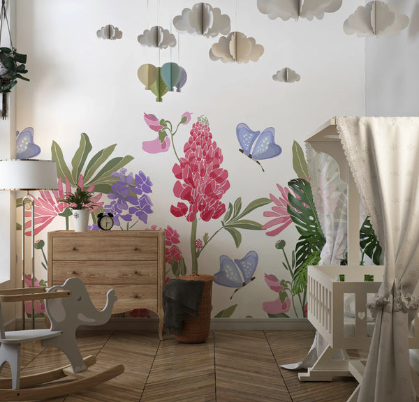 Spring Flowers Wallpaper, Seamless Pattern Mural, Oversized Custom Size Wall Art, Non-Woven, Non-Adhesive, Modern Wall Paper, Removable