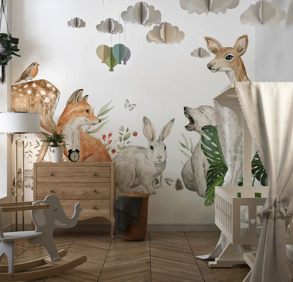 Watercolor Animals Wallpaper, White Background Mural, Oversized Custom Size Wall Art, Non-Woven, Non-Adhesive, Modern Wall Paper, Removable