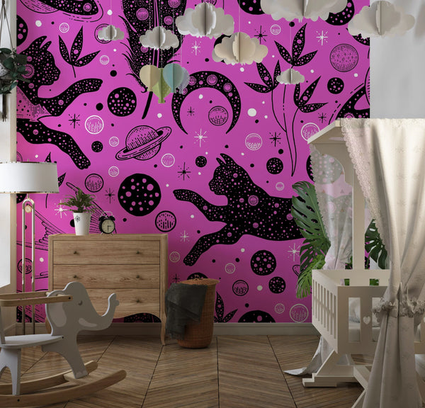 Halloween Style, Cats Wallpaper, Seamless Pattern Mural, Oversized Custom Size Wall Art, Non-Woven, Non-Adhesive, Modern Wall Paper, Removable