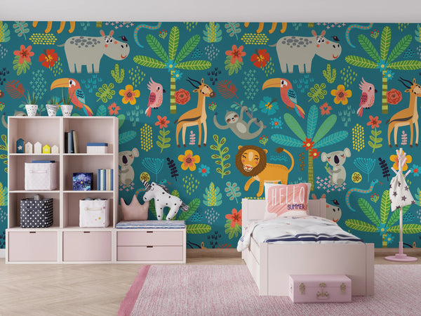 Tropical Animals Wallpaper, Green Background Mural, Oversized Custom Size Wall Art, Non-Woven, Non-Adhesive, Modern Wall Paper, Removable