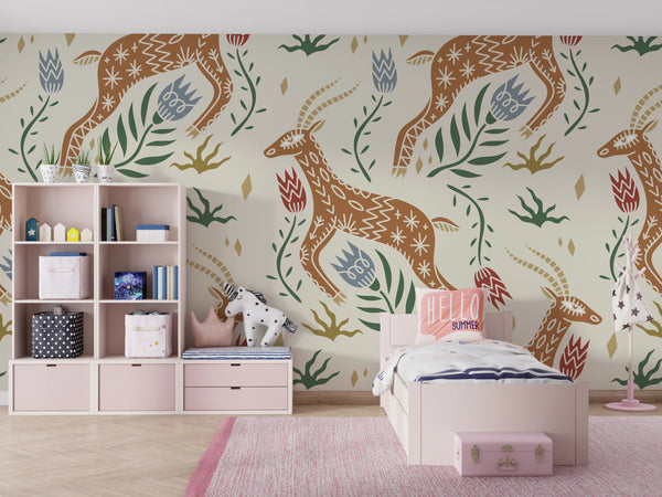 Celestial Folk Antilope Wallpaper, Boho Mural, Oversized Custom Size Wall Art, Non-Woven, Non-Adhesive, Modern Wall Paper, Removable