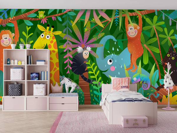 Colorful Wild Animals Wallpaper, African Jungle Mural, Oversized Custom Size Wall Art, Non-Woven, Non-Adhesive, Modern Wall Paper, Removable
