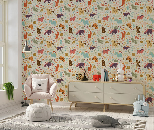 Horses, Clouds, Flowers Wallpaper, Sweet Seamless Pattern Mural, Oversized Custom Size Wall Art, Non-Woven, Non-Adhesive, Modern Wall Paper, Removable