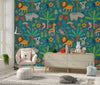 Tropical Animals Wallpaper, Green Background Mural, Oversized Custom Size Wall Art, Non-Woven, Non-Adhesive, Modern Wall Paper, Removable