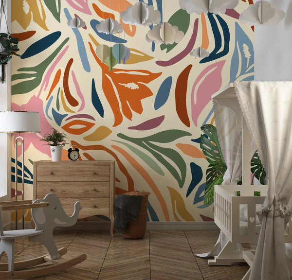 Abstract Shapes and Flowers Wallpaper, Colorful Mural, Oversized Custom Size Wall Art, Non-Woven, Non-Adhesive, Modern Wall Paper, Removable