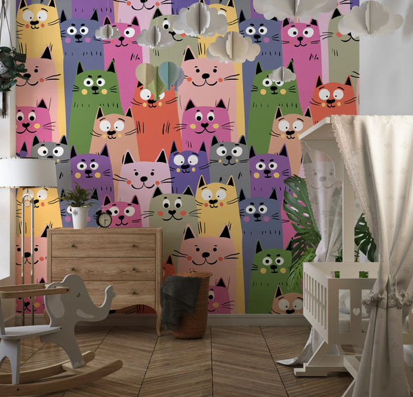 Colorful Cute Kitten Wallpaper, Seamless Pattern Mural, Oversized Custom Size Wall Art, Non-Woven, Non-Adhesive, Modern Wall Paper, Removable