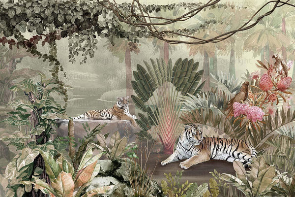 jungle Tigers Wall Mural, Ivory Nature Forest Theme Wallpaper, Custom Large Wall Mural, Non-Adhesive, Washable, Removable Wall Paper, Birds, Non-Woven Back - Walloro High End Wallcoverings & More
