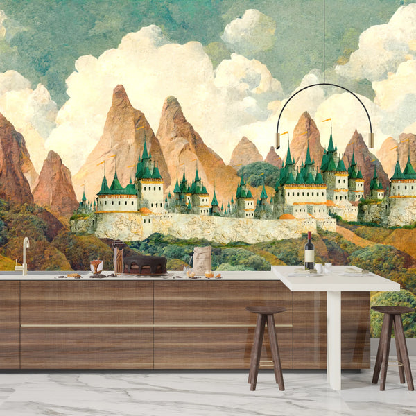 Castle Wallpaper, Mountain Landscape Mural, Oversized Custom Size Wall Art, Non-Woven, Non-Adhesive, Modern Wall Paper, Removable