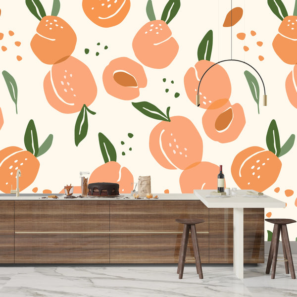 Peaches Wallpaper, Seamless Pattern Mural, Oversized Custom Size Wall Art, Non-Woven, Non-Adhesive, Modern Wall Paper, Removable