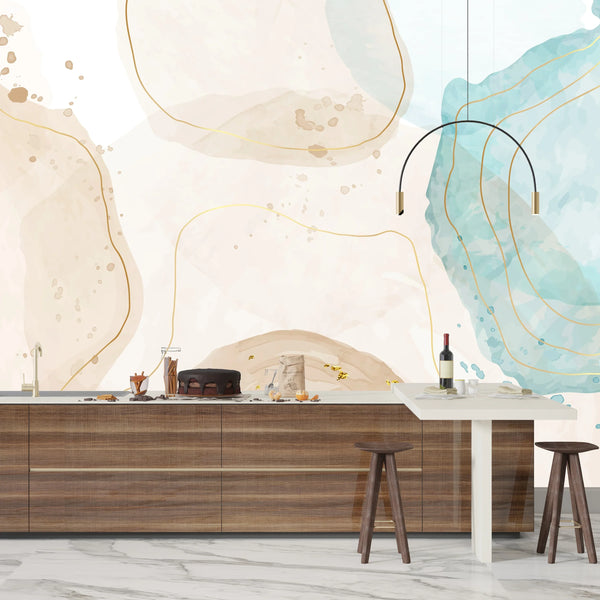 Watercolor Paint Splash Wallpaper, Golden Lines Mural, Oversized Custom Size Wall Art, Non-Woven, Non-Adhesive, Modern Wall Paper, Removable