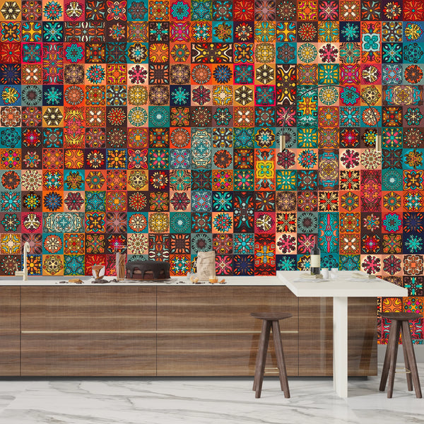 Colorful Vintage Floral and Mandala Elements Wallpaper, Seamless Pattern Mural, Oversized Custom Size Wall Art, Non-Woven, Non-Adhesive, Modern Wall Paper, Removable