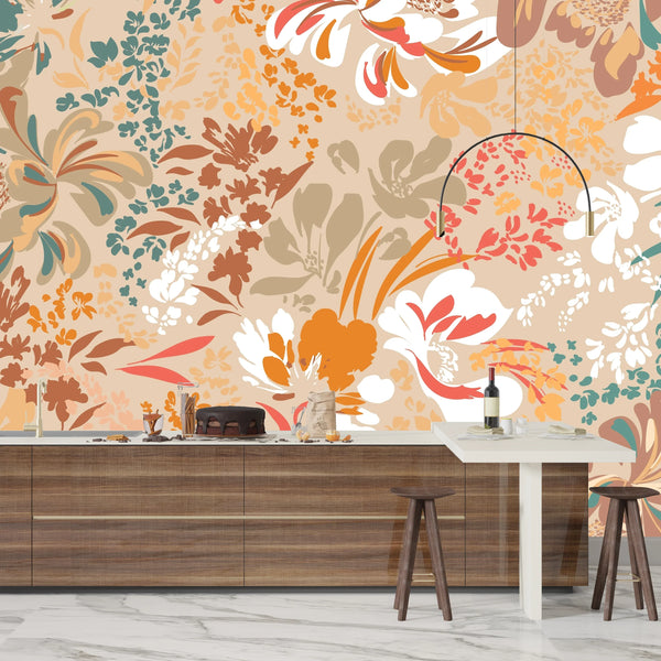 Floral Brown and Green Wallpaper, Seamless Pattern Mural, Oversized Custom Size Wall Art, Non-Woven, Non-Adhesive, Modern Wall Paper, Removable