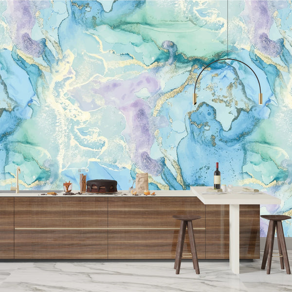Blue Marble, Purple Ink Wallpaper, Gold Abstract Mural, Oversized Custom Size Wall Art, Non-Woven, Non-Adhesive, Modern Wall Paper, Removable