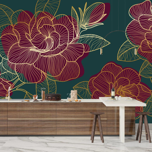 Red Rose Wallpaper, Green Background Mural, Oversized Custom Size Wall Art, Non-Woven, Non-Adhesive, Modern Wall Paper, Removable