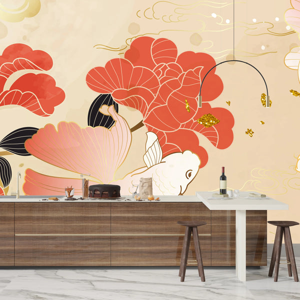 Chinese Goldfish Wallpaper, Luxury Gold Style Mural, Oversized Custom Size Wall Art, Non-Woven, Non-Adhesive, Modern Wall Paper, Removable