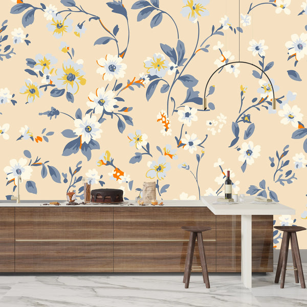 Watercolor Wildflowers Wallpaper, Seamless Pattern Mural, Oversized Custom Size Wall Art, Non-Woven, Non-Adhesive, Modern Wall Paper, Removable