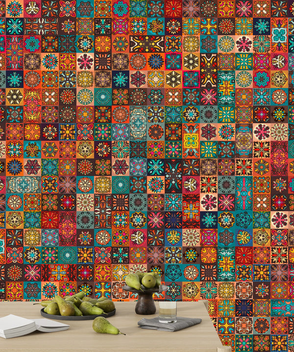 Colorful Vintage Floral and Mandala Elements Wallpaper, Seamless Pattern Mural, Oversized Custom Size Wall Art, Non-Woven, Non-Adhesive, Modern Wall Paper, Removable