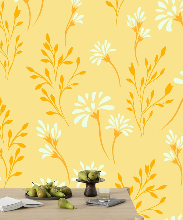 Flowers, Summer Yellow Wallpaper, Seamless Pattern Mural, Oversized Custom Size Wall Art, Non-Woven, Non-Adhesive, Modern Wall Paper, Removable