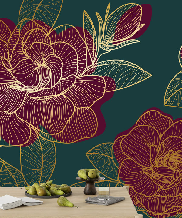 Red Rose Wallpaper, Green Background Mural, Oversized Custom Size Wall Art, Non-Woven, Non-Adhesive, Modern Wall Paper, Removable